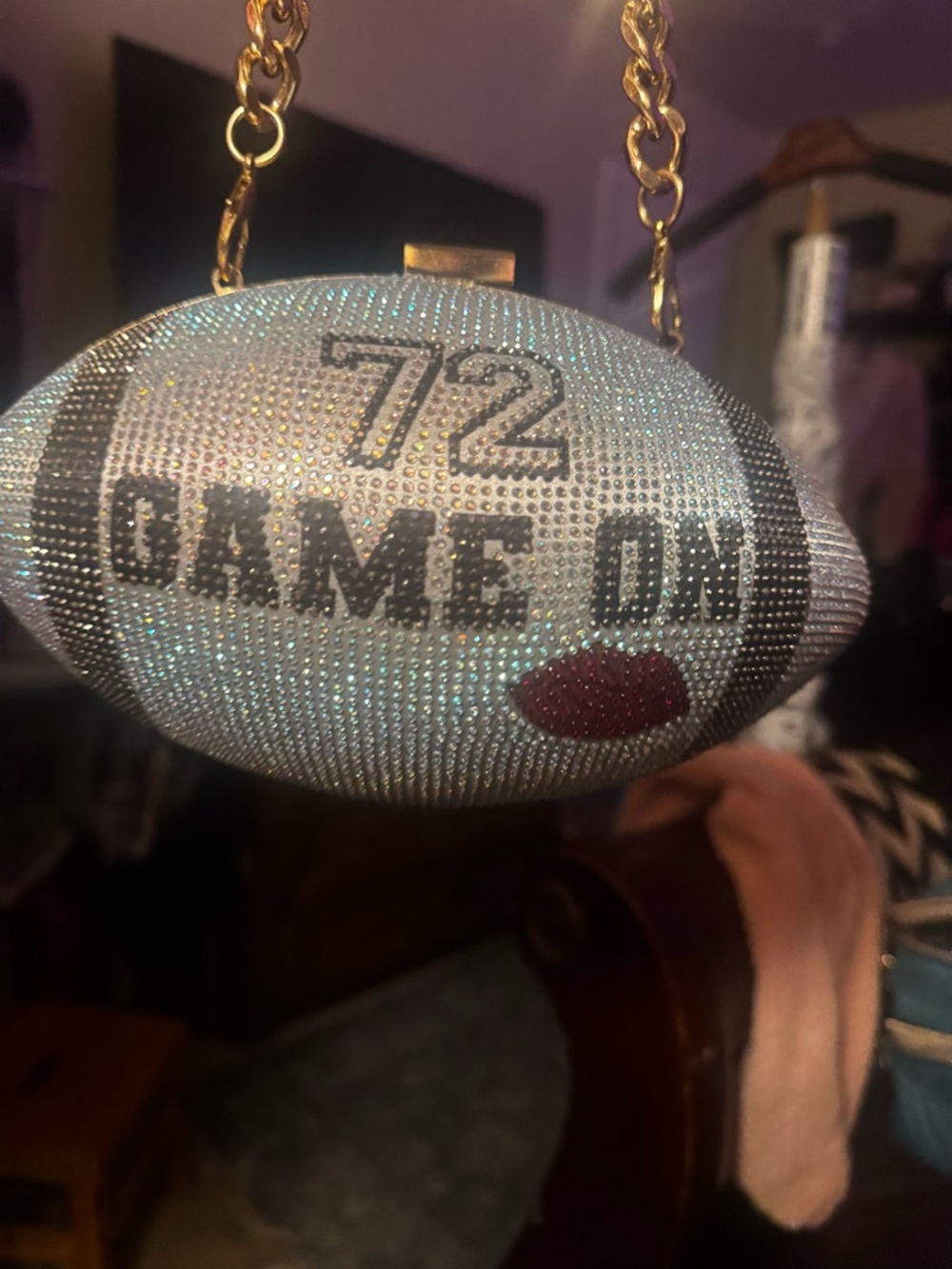 Aldo Silver Crystal '72 Game On' Football Clutch with Gold Chain